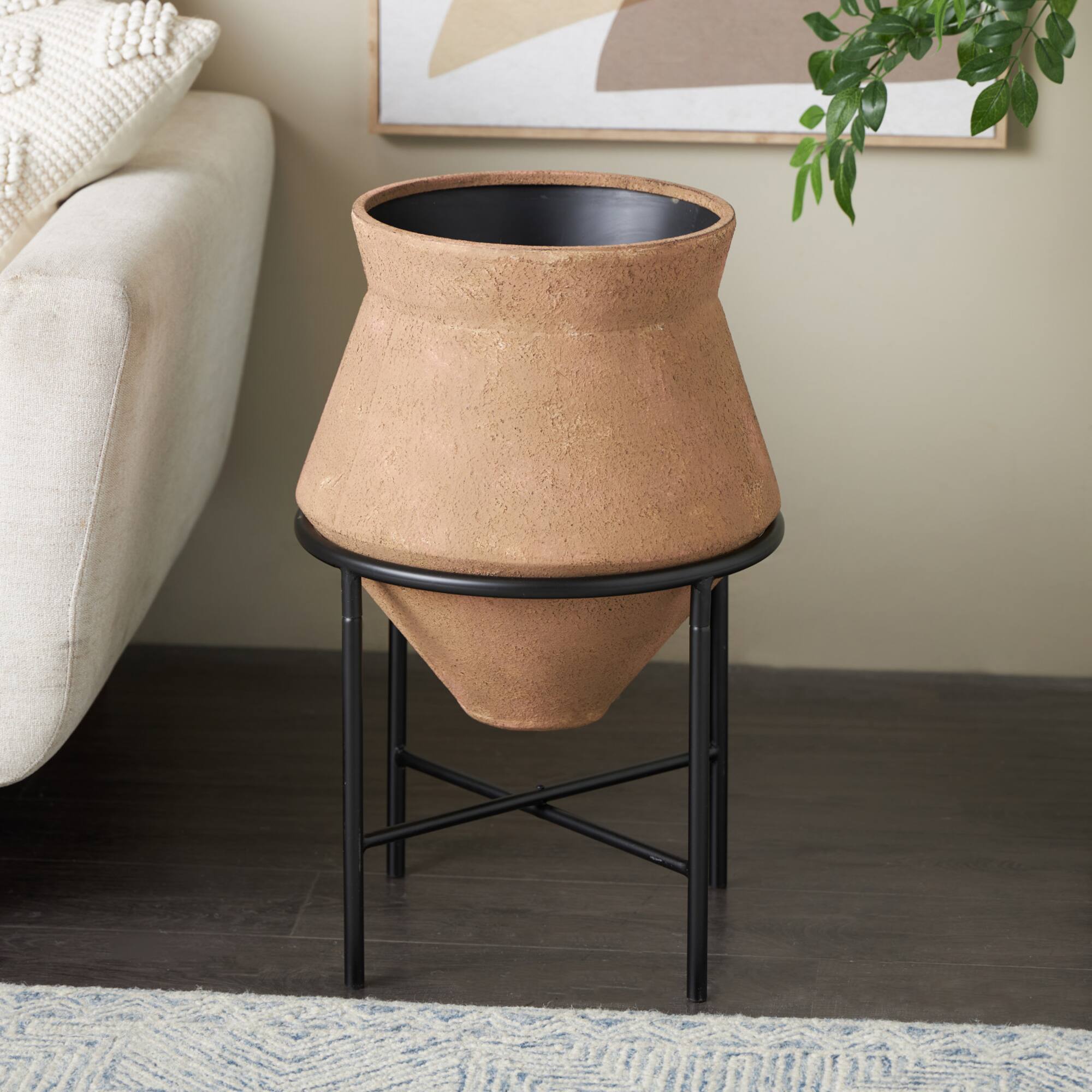 24.5" Brown Metal Wide Decorative Vase with Black Stand